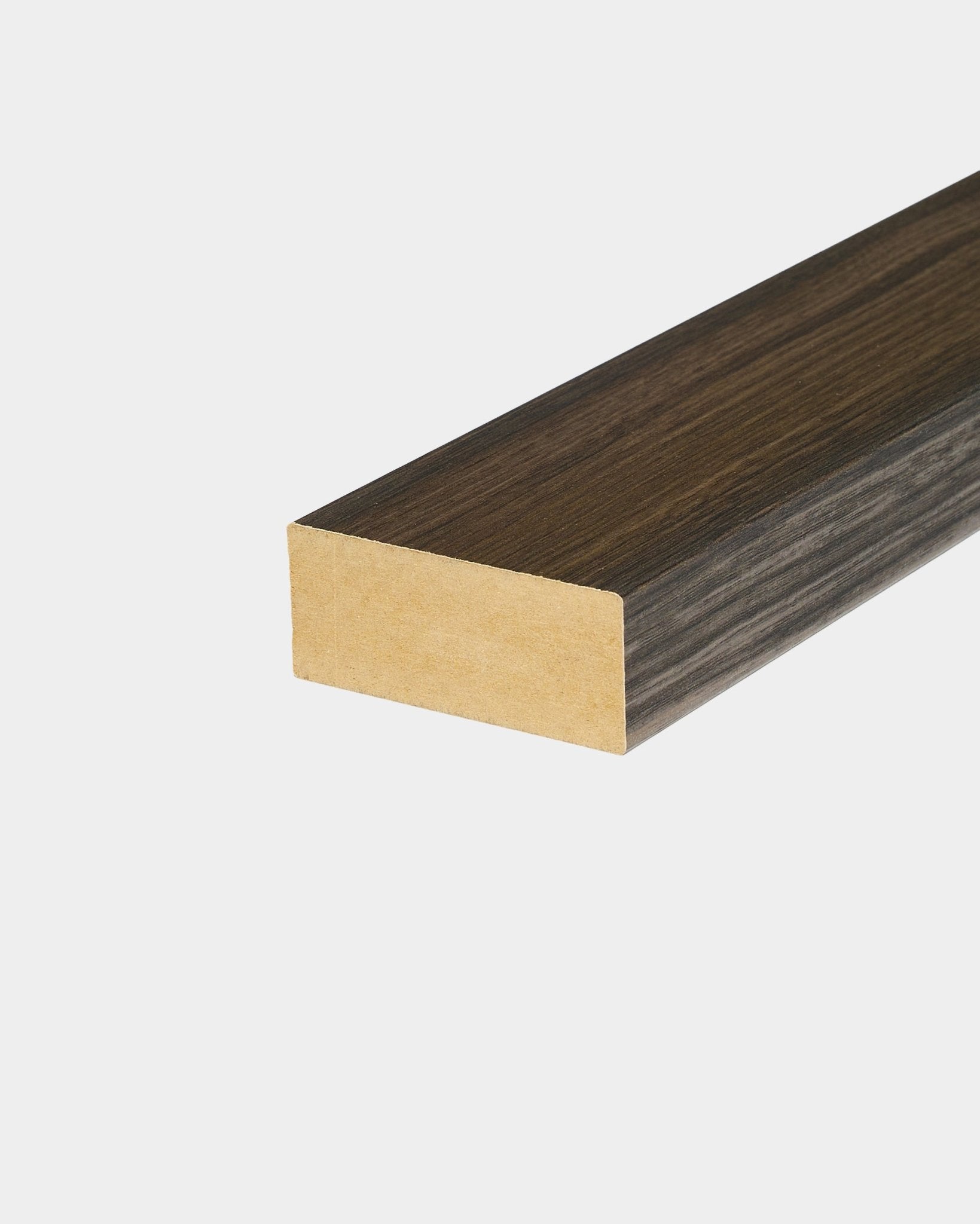 WoodUpp End Lamella in Black Oak (6.7 cm), designed for panel edging or Akupanel acoustic panel installation on plain white walls.